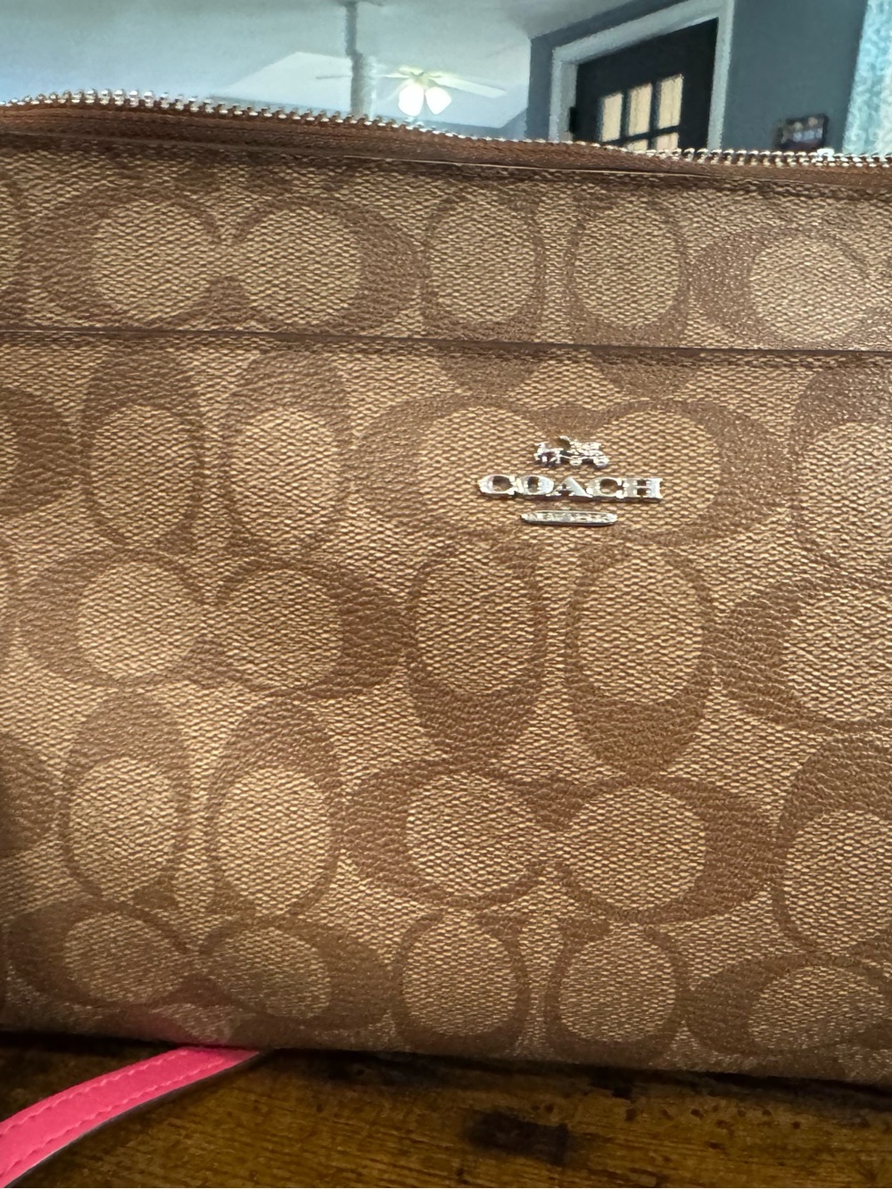 COACH Brown Signature Canvas Crossbody with Pink Accent Strap